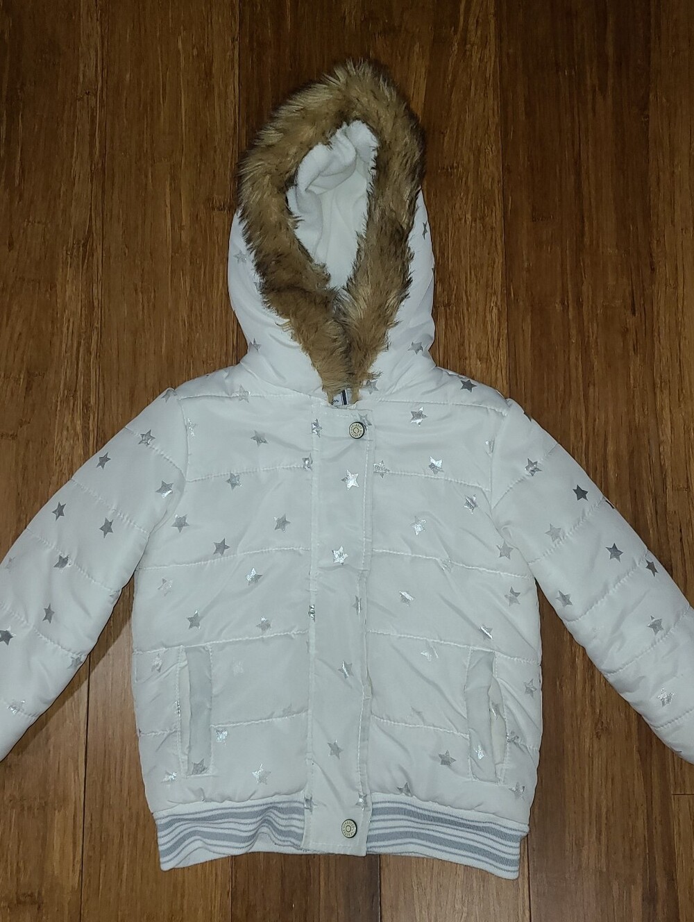 Gymboree Girls White Silver Star Faux Fur Hooded Puffer Coat Jacket Size S 5/6